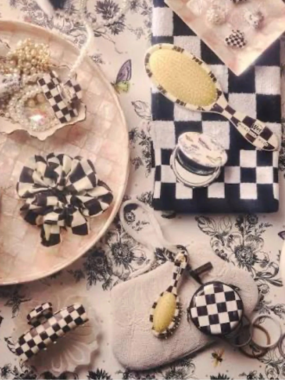 MacKenzie-Childs x Goody Large Silk Hair Scrunchies Set of Two Black/White/Pink